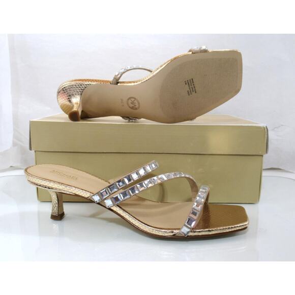 Michael Kors Celia Kitten Heel Slide Embellished Sandals Pale Gold Size 9.5